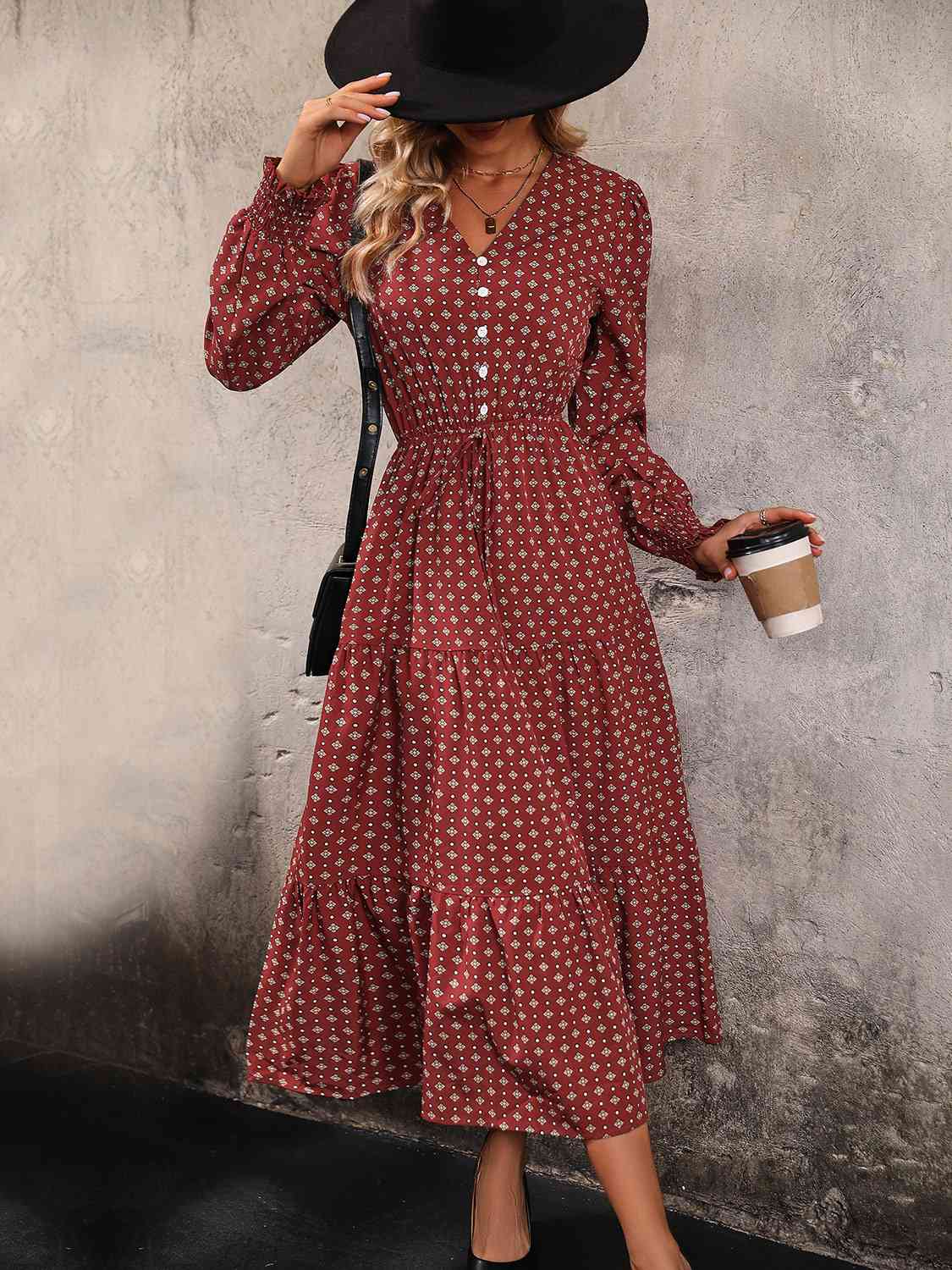 Printed Tiered V-Neck Buttoned Midi Dress