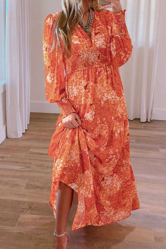 Smocked Printed V-Neck Long Sleeve Dress