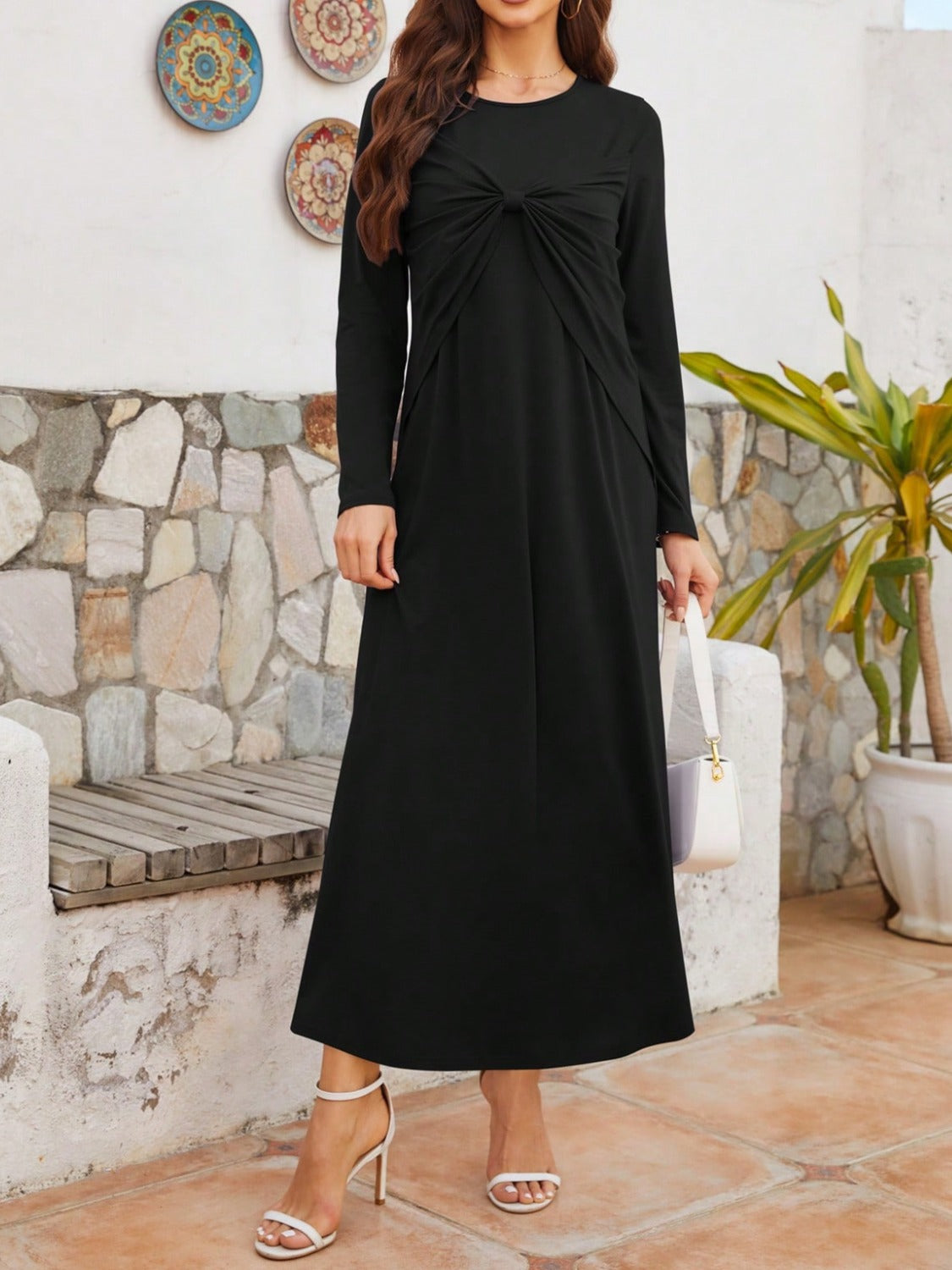 Twisted Round Neck Long Sleeve Dress