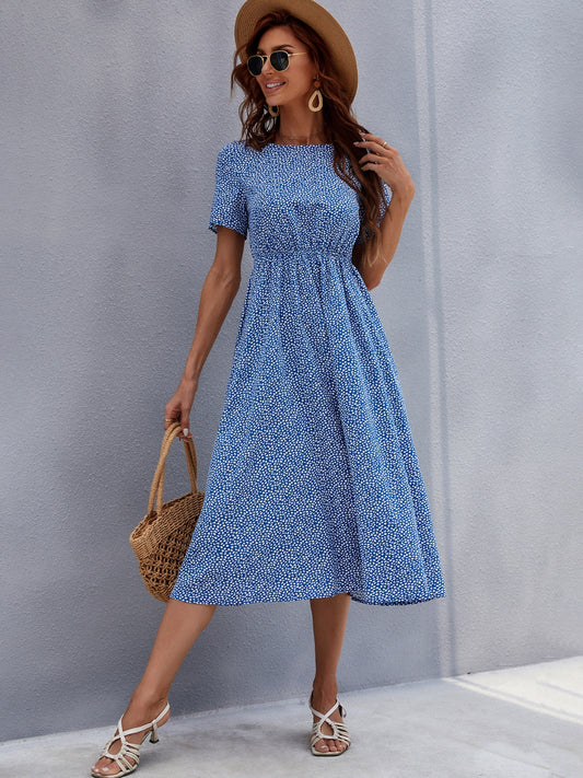 Printed Round Neck Short Sleeve Midi Dress