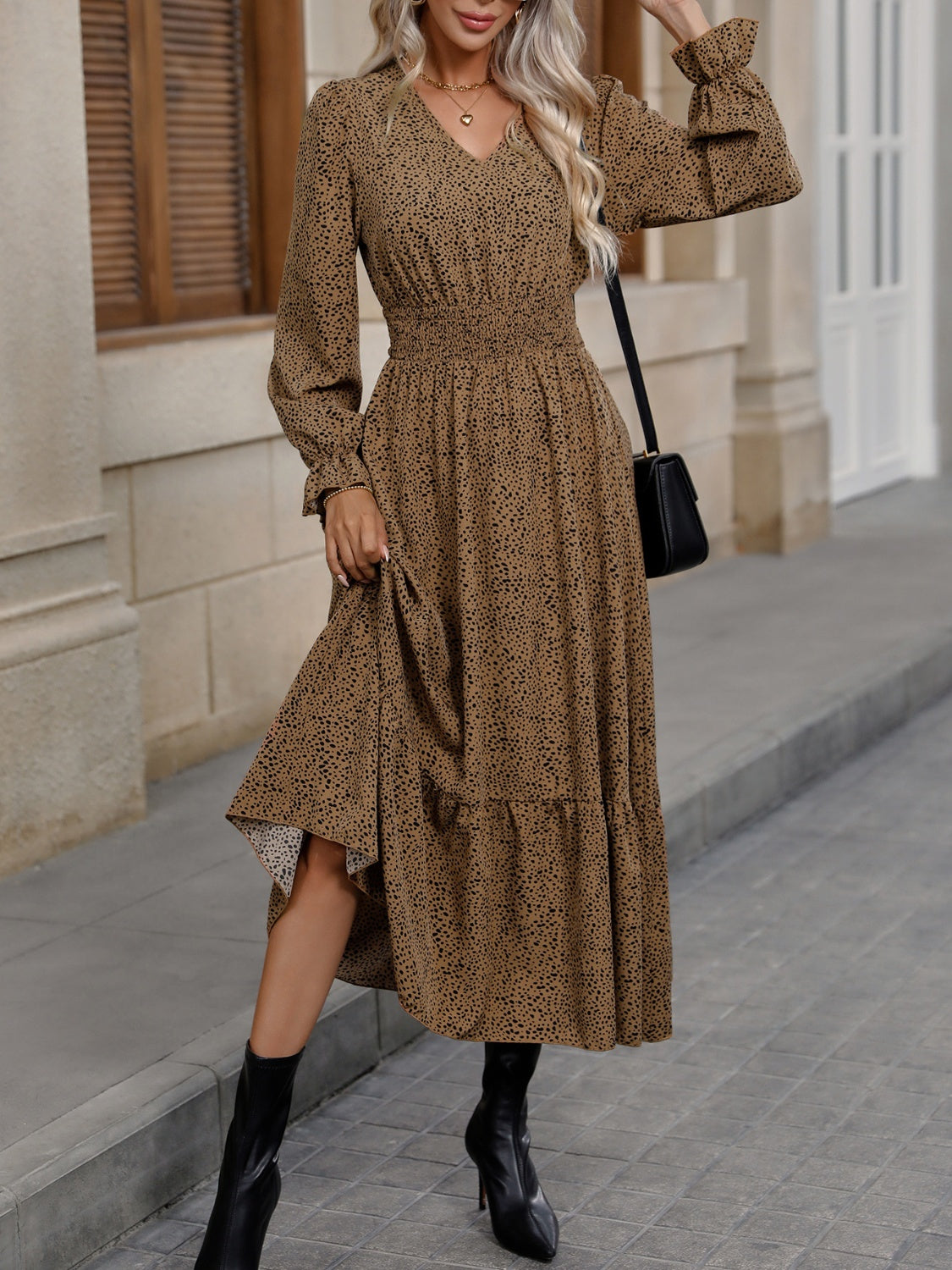 V-Neck Flounce Sleeve Ruffle Hem Dress