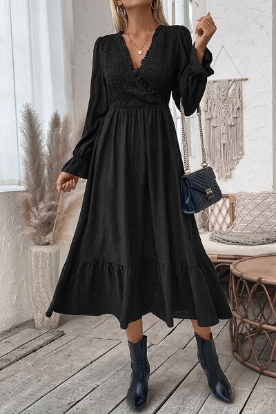 Smocked Surplice Flounce Sleeve Midi Dress